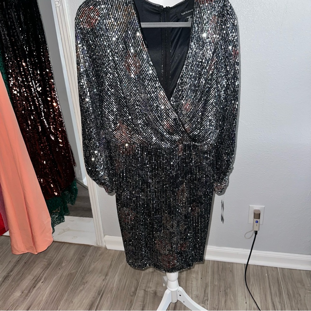 R&M Richards Black Sequin Wrap Mini Dress